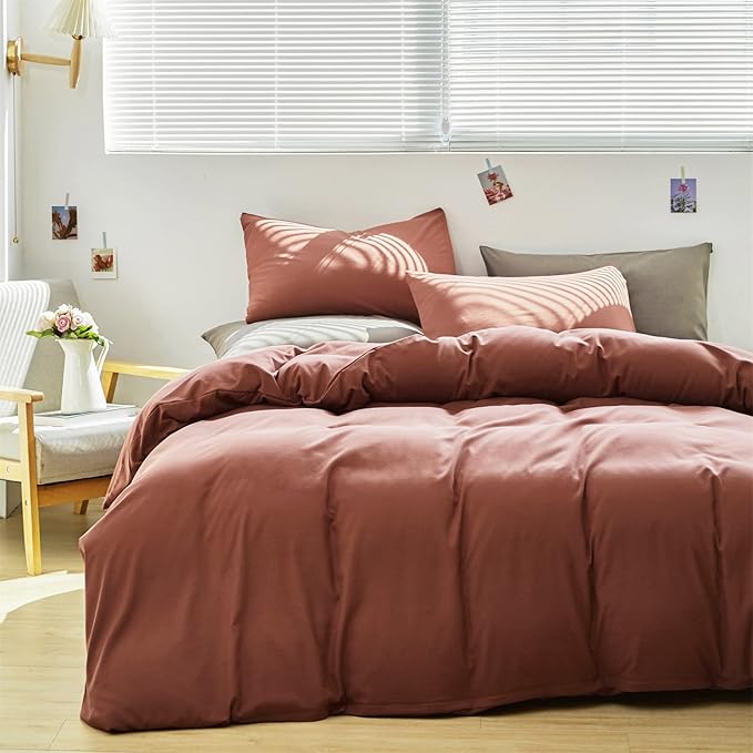 Cottonight Brick Red Comforter Set California King Marroon Bedding Comforter Set Solid Modern Cotton Blackish Red Blanket Quilts Soft Simple 3 Piece Cal King Comforter Set for Women Men
