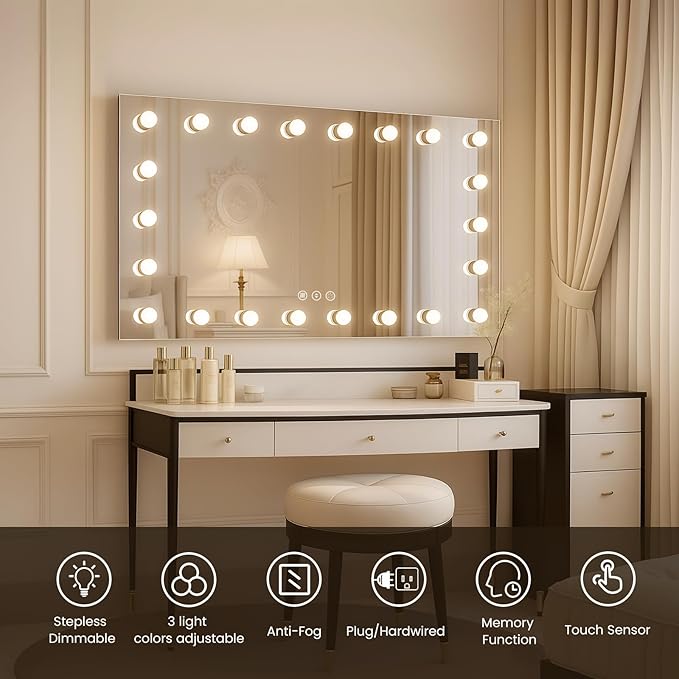 WTTY LED Bathroom Mirror with Lights 60"x36" Hollywood Wall-Mounted Mirror with 3 Color Temperatures, Stepless Dimmable Bulbs, Anti-Fog & Shatter-Proof