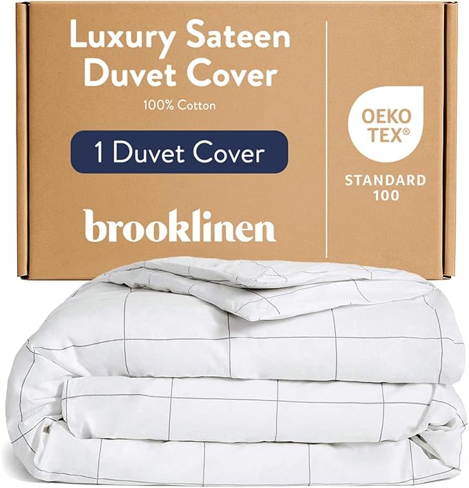 Brooklinen Luxury Sateen Duvet Cover - 100% Cotton, King/California King Size in Window Pane with Extra-Long Corner Ties and Button Closure - Best King/Cali King Duvet Covers