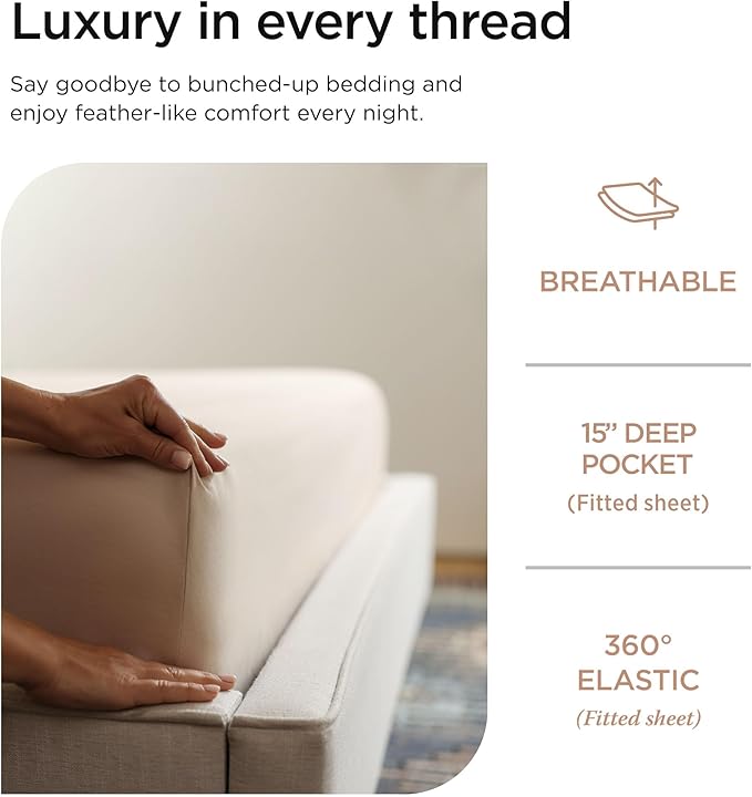 Threadmill 100% Cotton Sheets for Twin Size Bed - 600 Thread Count Twin Bed Sheets Set with 15” Deep Pocket - Sateen Weave 3-Piece Bedding Set with Cooling Effect, Beige