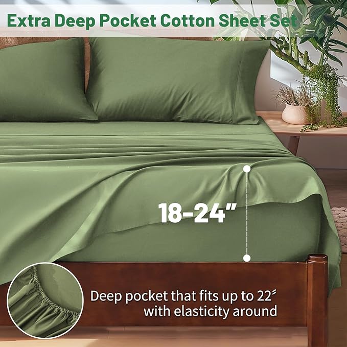 Extra Deep Pocket California King Sheets 18-24 Inch 1000 Thread Count 100% Egyptian Cotton Sateen Weave Soft Breathable 4 Pieces（California King,Olive Green）