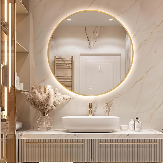 Niccy 24" LED Backlit Round Mirror for Bathroom, Gold Framed Vanity Light Wall Mirror LED Smart Circle Mirrors with 3 Lighting Colors, Dimmable Lighted Mirror with Anti-Fog, IP65 Waterproof