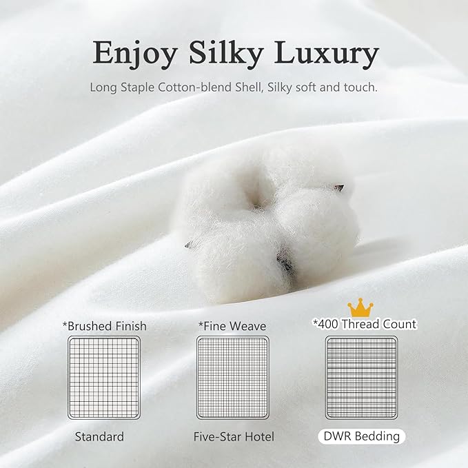 DWR Superior Luxury Feather Down Comforter California King Size, Ultra-Soft Rose-Silk Cotton-Blend Fabric, High FP All Season Medium Warmth Bed Duvet Insert(104"x96", White)