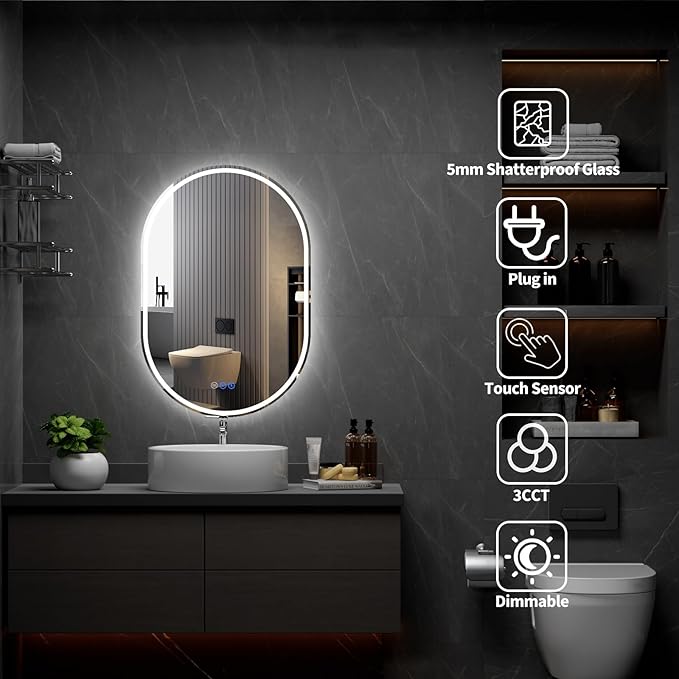 Bathroom Mirror 26"x42" LED Bathroom Mirror with Lights, Anti-Fog, Dimmable Oval Mirrors with Front Light and Backlit, Modern Farmhouse Wall Mounted Mirror for Decorative