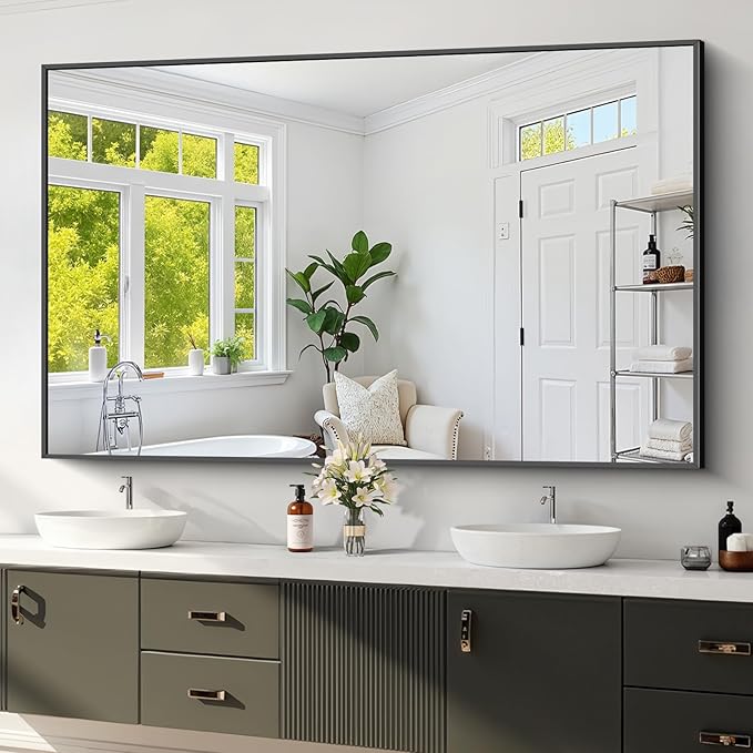 Koonmi Black Framed Bathroom Mirror - Shatterproof 36"x60" Tempered Glass, HD No Distortion, Horizontal/Vertical Mount, Modern Matte Aluminum Alloy Frame