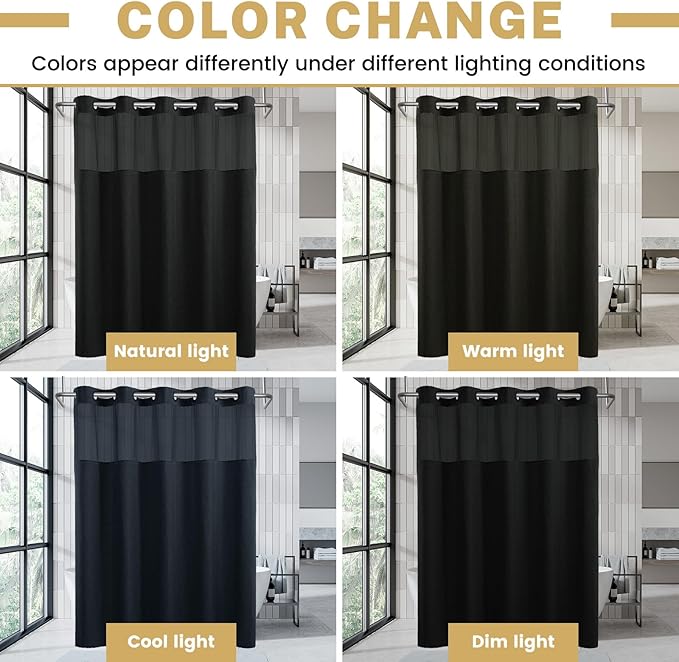 Small No Hook Shower Curtain with Snap in Liner, Polyester Textured Shower Curtain with Liner Set, Waterproof Washable Hotel Style Shower Curtains for Bathroom, 54Wx80H, Black