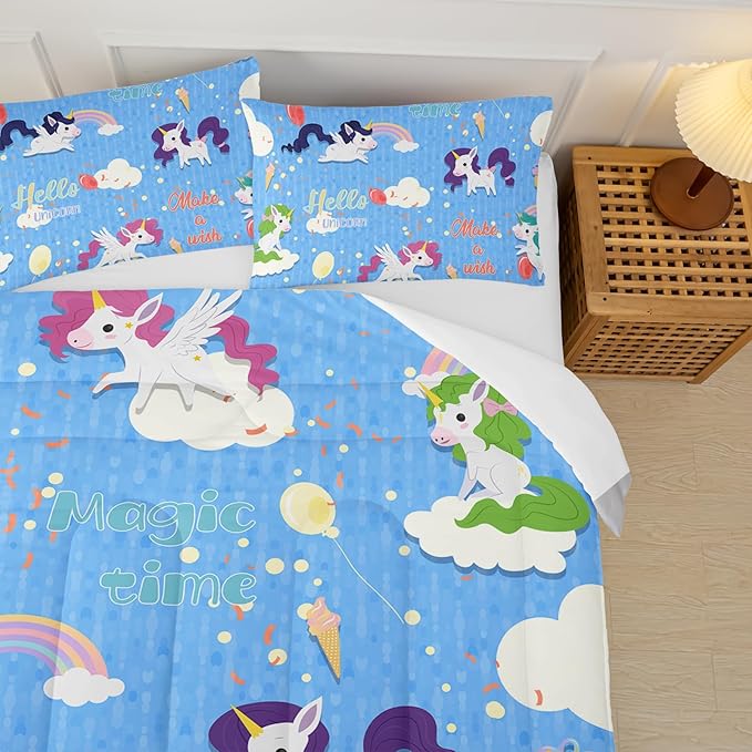 Unicorn Comforter Set Queen Size,Rainbow Kids Comforter Set,3Pcs Bedding Set Printed Comforter with 2 Pillowcases,Down Alternative,Soft and Lightweight,for All Seasons