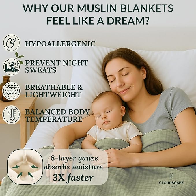 Cloud Scape Linen 100% Cotton 8 Layer Twin Size Muslin Blanket - Breatheable and Soft Winter Blanket for Bed, Couch and Sofa, Oversized Fits up to Twin XL, Best Gift Idea, 68x92, Sage Green