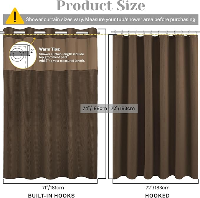 No Hook Shower Curtain with Snap in Liner Set Waffle Shower Curtain for Bathroom Hotel Style Fabric Waterproof Inner Liner，71" W x 74" H, Brown