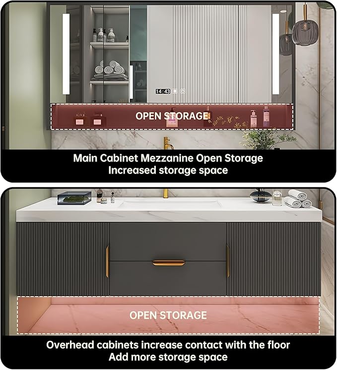 Bathroom Vanity with Double Sink, Modern Bathroom Vanities Compo Includes LED Smart Defogging Mirror Cabinet and Open Shelf, Solid Wood Bathroom Sink Vanity with Slate Countertop (Dark Grey,52")