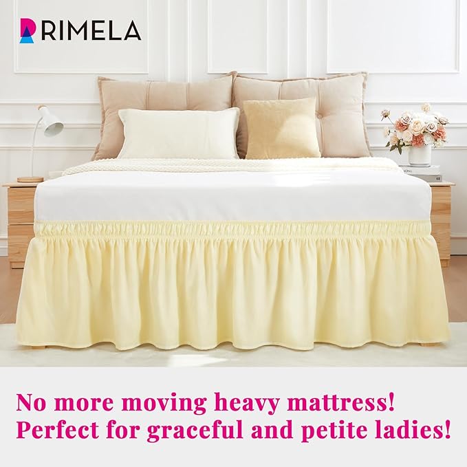 RIMELA Bed Skirt Queen Size 12 Inch Drop, Wrap Around Elastic Bedskirt Solid Microfiber Luxury Hotel Quality Fabric, Easy to Install Machine Washable Wrinkle & Fade Resistant, Beige Yellow