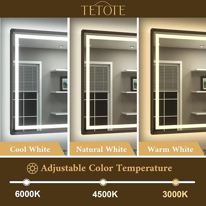 TETOTE 48 x 30 Large Bathroom Mirror Brushed Black Metal Frame Frontlit & Backlit Vanity Mirror 3 Colors White/Warm/Natural Stepless Dimmable Anti-Fog Bathroom Mirrors for Vanity Wall-Mounted