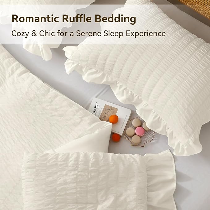 JOLLYVOGUE Ivory King Comforter Set, 3 Pieces Seersucker Comforters King Size, Lightweight & Fluffy Bedding Sets King for All Season with 1 Ruffle Comforter and 2 Ruffle Pillowshams