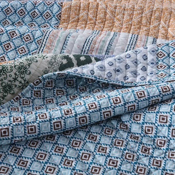 Autumn Dream Cotton Bedspread Quilt Sets Reversible Bedding Coverlet Sets Comforter, Bohemian Paisley Patchwork Blue Bedspread, King Size