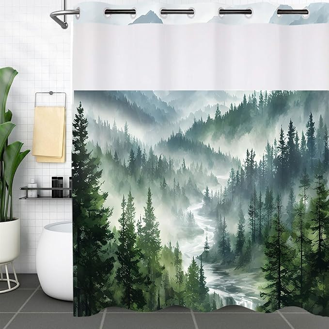 No Hook Mountain Shower Curtain with Snap in Liner Set Modern Forest for Bathroom Fabric Ringless Mist Pine Tree Curtains and Hotel Bathroom Indoor and Outdoor Decoration 71 x 74