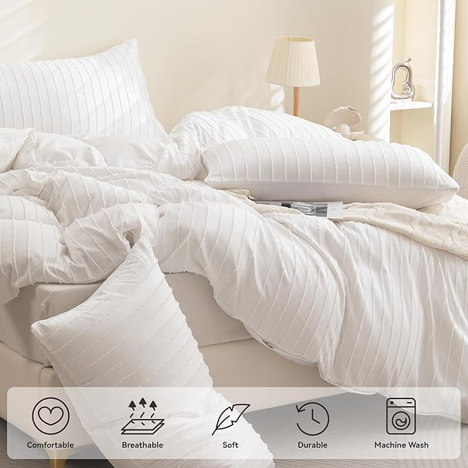JELLYMONI Duvet Cover Oversized Queen Size White - 3PCS Boho Striped Duvet Cover Set Polyester Tufted Bohemian Textured Comforter Cover 98×98in with Corner Ties & Zipper and 2 Pillowcases