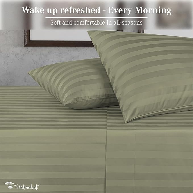 URBANHUT 1000 Thread Count Damask Striped California King Size Egyptian Cotton Sheets, Long Staple Soft & Breathable, 4 Pc Bed Sheet Sets, Luxury Hotel Sateen Sheets Fits 16" Deep Pocket - Sage