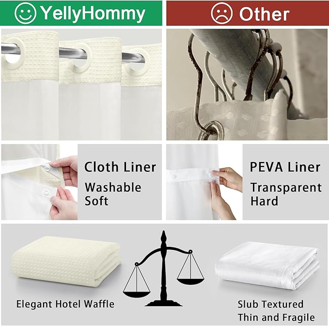 YellyHommy No Hook Shower Curtain with Snap in Liner Set Less Time Cream Waffle Shower Curtain for Bathroom 75" L x 72" W