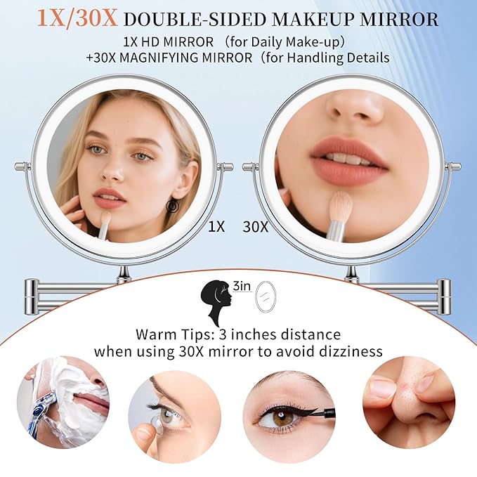 FUNTOUCH 9" 30X/1X Magnifying Wall Mounted Makeup Mirror, 4500mAh Rechargeable Double Sided Mirror with Light, 3 Color Lights,Touch Dimmable, 360 Rotation Extended Arm for Bathroom,Chrome