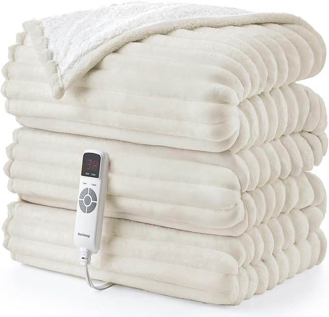 Hansleep Heated Blanket Electrci Blanket Throw, Heating Blanket with 9 Heating Levels and 10-Hour Timer Auto Shut Off, Washable Soft Warm Winter Blanket, 50 x 60 Inches, Beige