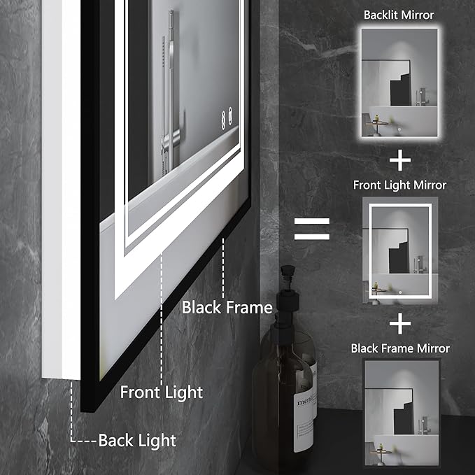 LED Bathroom Mirror with Front and Backlit 24"x36", Black LED Mirror for Bathroom,Dual LED Strips, Fogless, Dimmable, 3 Color Changing, Shatterproof, Horizontal/Vertical