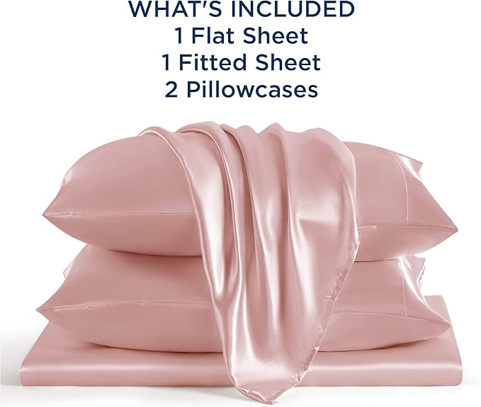 Bedsure Satin Sheets Full Size - 4 Piece Silky Bedsheets with 15 Inches Deep Pocket Fitted Bedsheet,1 Flat Sheet, 2 Satin Pillowcases, Good for Hair & Skin (Full, Blush Pink)
