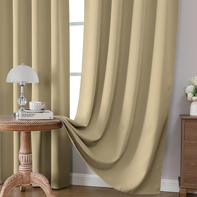 CUCRAF Beige Blackout Curtain 45 inch Length 2 Panels, Rod Pocket Room Darkening Drapes for Bedroom Living Room, Insulated Thermal Light Blocking Window Curtains (W52 x L45 Inch)