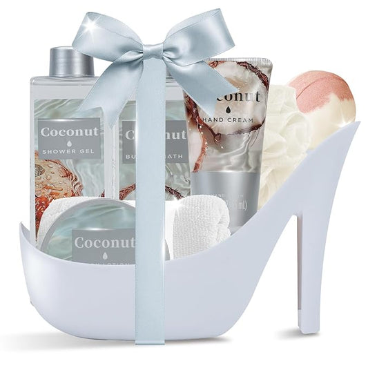 Tropical Coconut Christmas Gifts for Women Spa Basket, High Heel Bath Set with Shea Butter & Exotic Oils, Mother's Day Gifts for Mom, Her, Wife