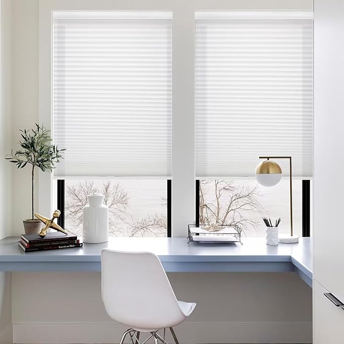MYshade 1.5-Inch Cellular Cordless Light Filtering Shades,Thermal Insulating Noise Reducing Waterproof Blinds,Honeycomb Window Treatments for Indoor Light Control (White-34 W x 72" H)