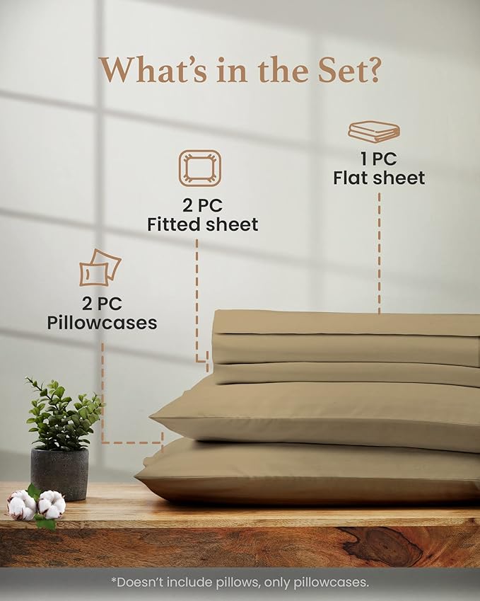 Good Sleep Bedding Split King Sheets Sets for Adjustable Bed Cotton, Luxury Sheets, Egyptian Cotton, 5 Piece 100% Cotton Split King Sheet Set, Sateen Weave, 2 Fitted - 16" Deep Pocket, Taupe