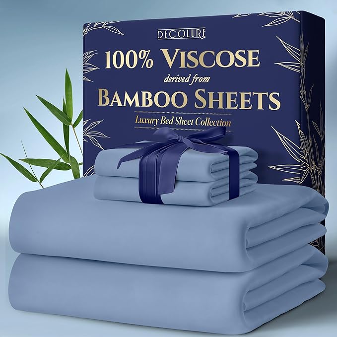 DECOLURE 100% Viscose Derived from Bamboo Sheets Full Size 4pcs - Ultra Soft & Luxuriously Cooling, 17" Deep Pocket, Double Stitching, Perfect for Hot Sleepers - Full Bed Sheets (Light Blue)