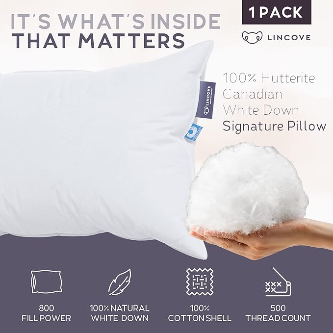 Lincove Signature 100% Natural Canadian White Down Pillow - Luxury Sleeping Pillow for Back, Stomach & Side Sleepers - 800 Fill Power Bed Pillow, 500 Thread Count, Made in Canada, Queen - Firm, 1 Pack