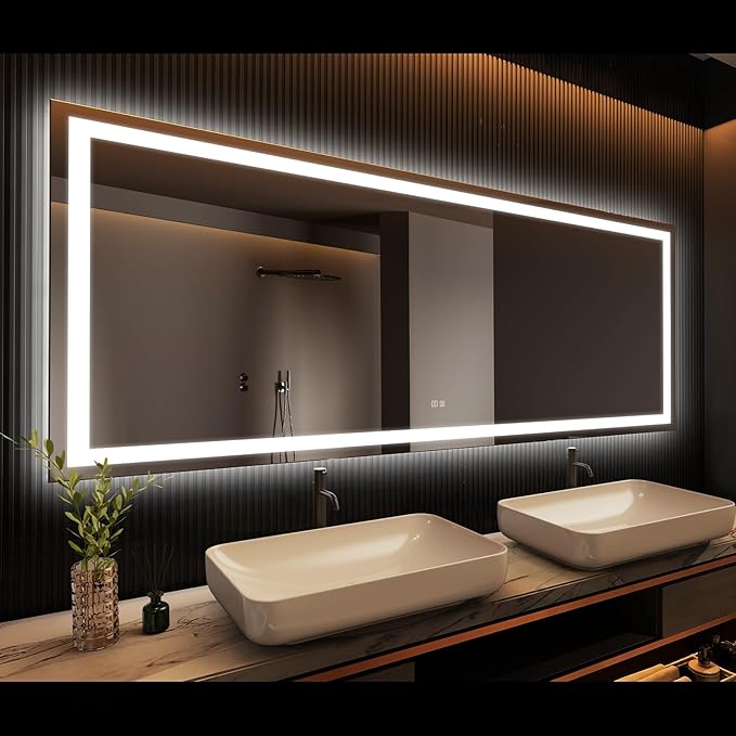 APRILSOUL 60x48 Inch LED Bathroom Mirror with Front and Backlit, Makeup Mirror with 3 Color Lights, Memory Function, Anti-Fog and Dimmable Light (Horizontal)