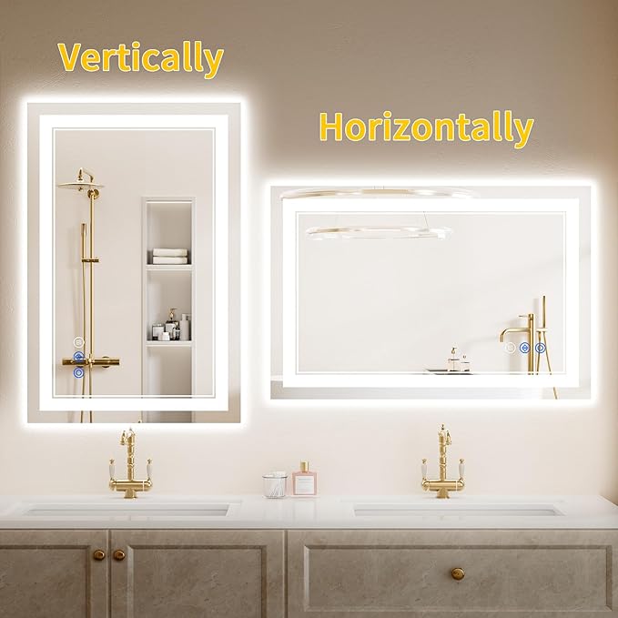 26"x38" Bathroom Mirror with Lights, Anti-Fog, Backlit + Front Lit, Dimmable, Led Vanity Mirror for Wall, Lighted Bathroom Mirror, 3 Colors, Shatter-Proof Tempered Glass