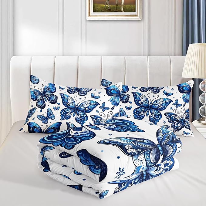 Blue Butterfly Comforter Bedding Set Queen Size,Bohemian Style Blue Series Bedding for Kids Girls Boys,Insect Themed Children's Bedding Soft Fluffy Comforter Sets with 2 Pillowcases.