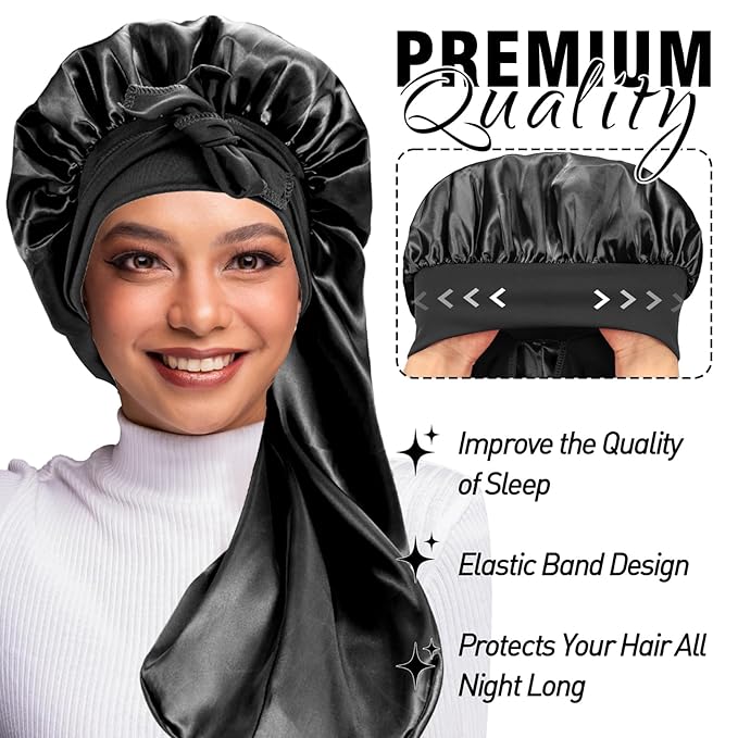 3Pcs Bonnets for Black Women - Satin Silk Bonnet with Stretchy Tie Band for Braids, Long Curly Hair (Black, Green, Brown)