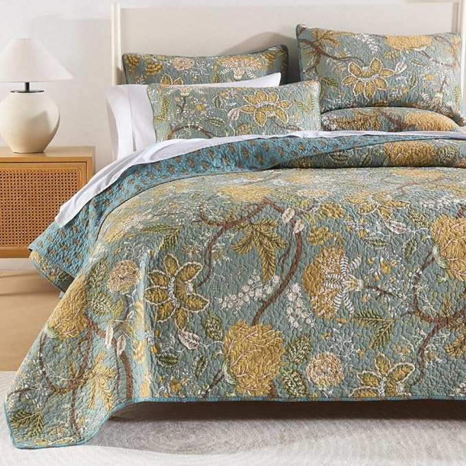 Cotton Bedspread Bedding Coverlet Quilt Sets, Reversible Vintage Branch Floral Bedspread comforters, (Rustic Sage Green Floral Pattern, King Size)