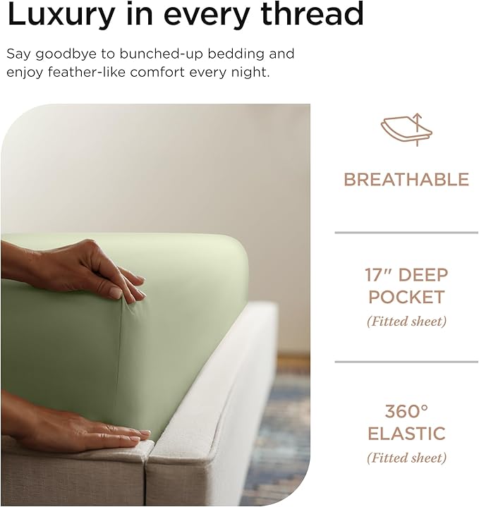 Threadmill Luxury Supima Cotton Sheets, 1000 Thread Count Soft 100% Cotton Sheets for King Size Bed, 4 Pc Sage Green King Bed Sheet Set, 5-Star Hotel Quality with Elasticized Deep Pocket King Sheet