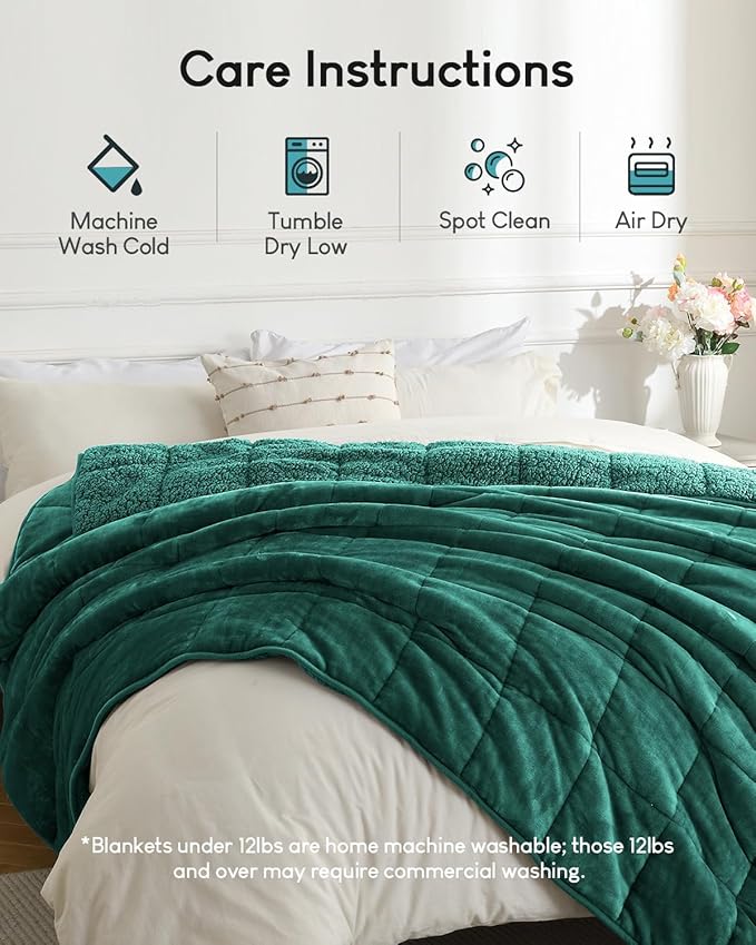 Cottonblue Sherpa Fleece Weighted Blanket 15lbs for Twin/Full Ded - Plush Bed Blanket for Deep Sleep and Relaxation, Heavy Calm Blankets with Cemaric Beads, 48x72 Inches,Green