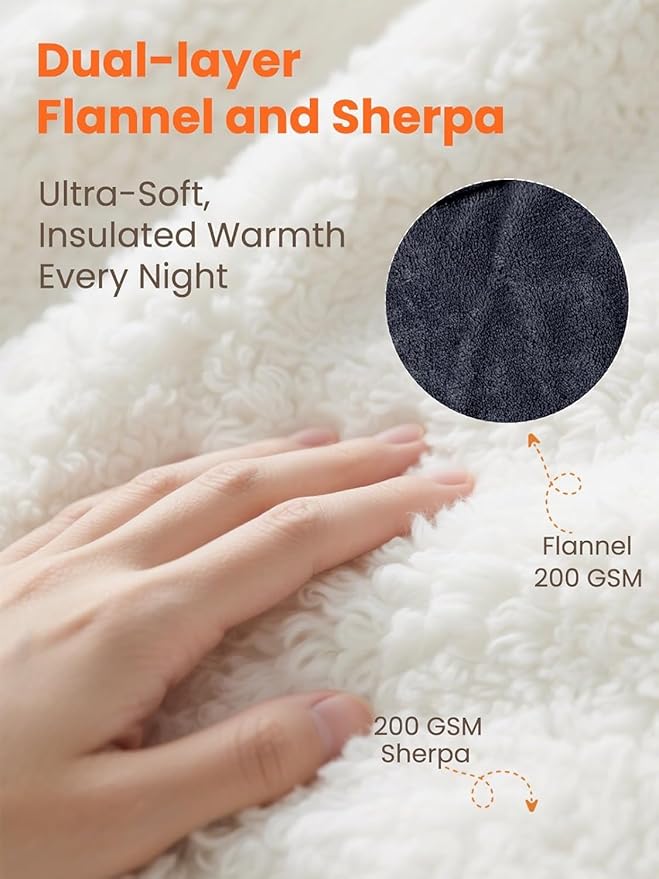 Electric Heated Blanket Queen, Ultra‑Cozy Premium Flannel & Sherpa, Even Heat Distribution & Stable Temp, 1–10H Auto‑Off, 8 Temps (86–125.6°F), Overheat Protection, Ideal Gifts for Grandma