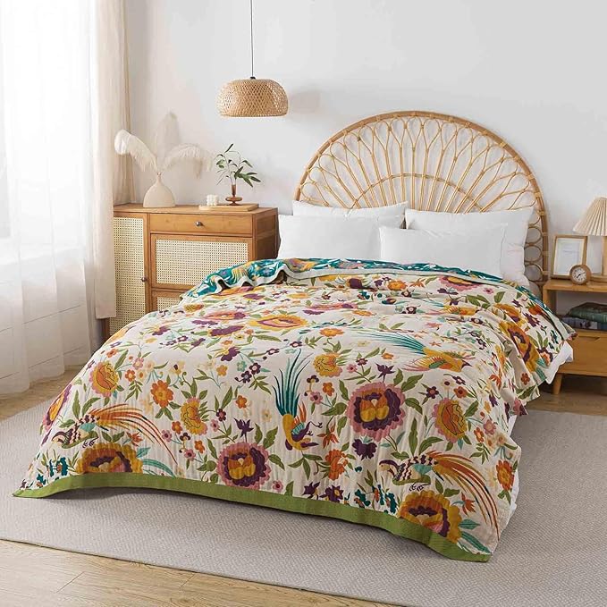 Qidordour Boho Throw Blanket, 80"x90" Muslin Blankets, 100% Organic Cotton Blanket for Couch Sofa, Lightweight Quilt, All Season Bed Throw, Farmhouse Home Decor, C-Phoenix Floral