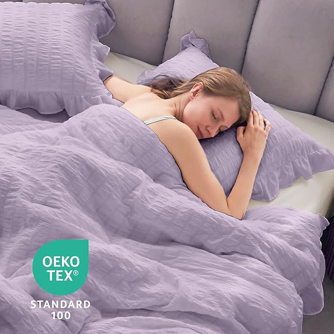 JOLLYVOGUE Lavender King Comforter Set, 3 Pieces Seersucker Comforters King Size, Lightweight & Fluffy Bedding Sets King for All Season with 1 Ruffle Comforter and 2 Ruffle Pillowshams