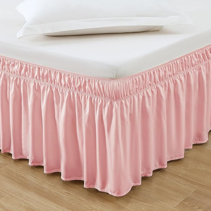 MEILA Wrap Around Bed Skirt Three Fabric Sides Elastic Dust Ruffled 14 Inch Tailored Drop,Easy to Install Fade Resistant-Pink, Twin/Full