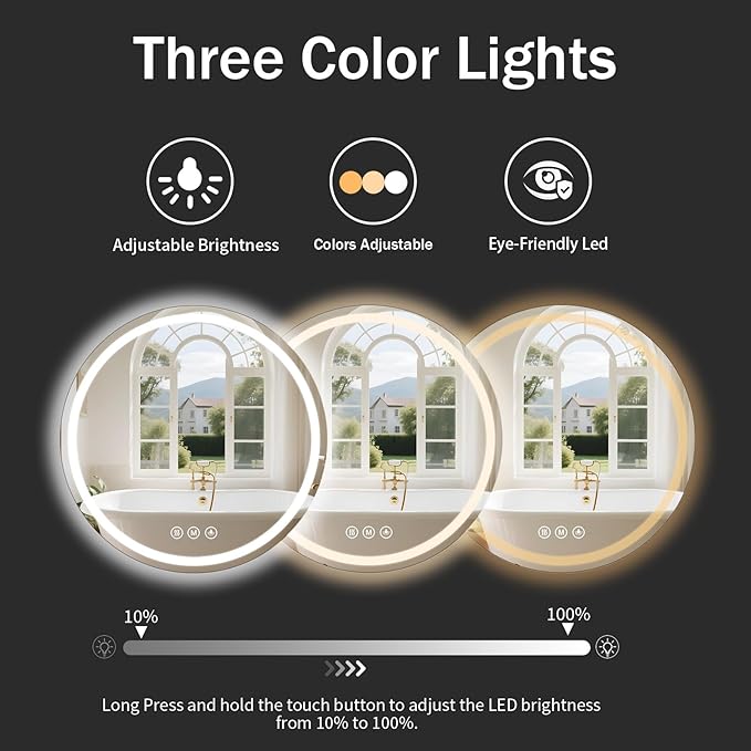 LED Bathroom Mirror 24 Inch Round Bathroom Mirror with Lights, Circle LED Mirror, Wall Mounted Lighted Bathroom with 3 Colors Brightness, Anti-Fog, Dimmable, Shatter-Proof