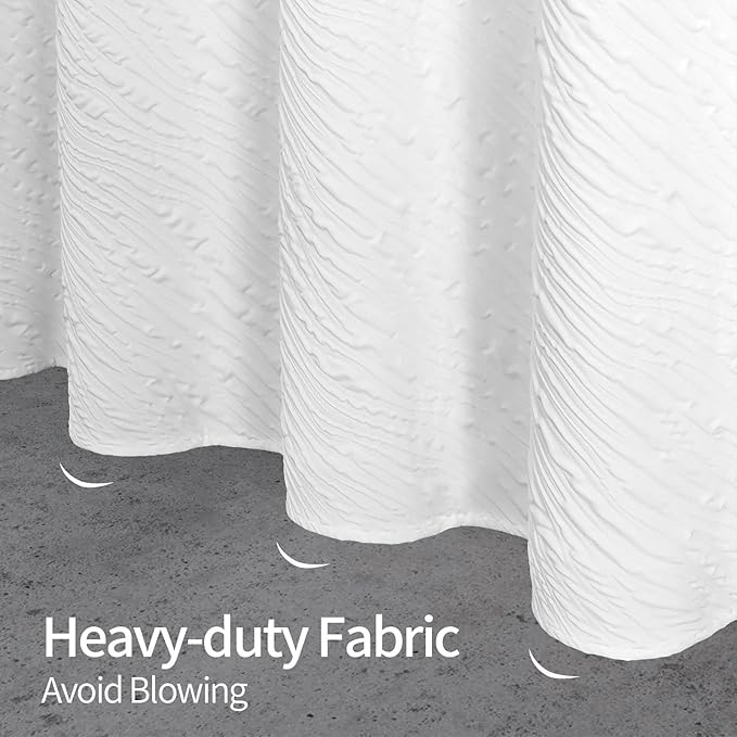 MitoVilla White Modern Fabric Shower Curtain, Farmhouse Waves Cloth Shower Curtains for Neutral Hotel Bathroom Decor, 3D Geometric Embossed Textured, Waterproof & Wrinkle Resistant, 72 x 72