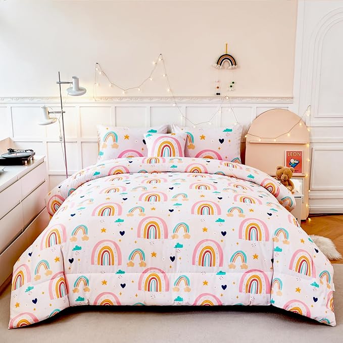 ANGIYUIN 6 Pieces Multi-Color Rainbow Twin Size Comforter Set for Girls Kids Cute Cloud and Love Hearts Girls Bedding Set Soft Microfiber Girl Bed in a Bag with Comforter, Sheets, Pillowcases