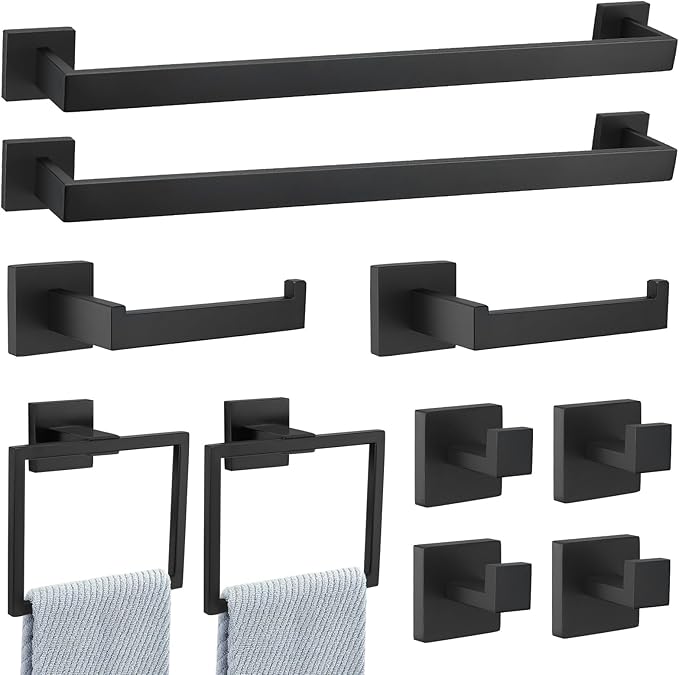 YACVCL Matte Black Bathroom Hardware Set,10 Pieces Towel Bar Set,Towel Holder Set for Bathroom SUS304 Stainless Steel Wall-Mounted Towel Rack Set,23.6 Inch Black Bathroom Accessories