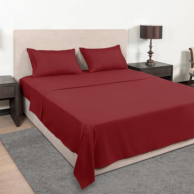 Mejoroom Queen Size Sheet Set - Hotel Luxury 1800 Bedding Sheets & Pillowcases - Deep Pocket Fitted Sheet, Soft, Breathable, Wrinkle & Fade Resistant - 4 Piece (Queen, Burgundy)