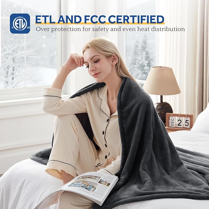 Sealy Electric Blanket Queen Size 84"x90", Soft Double Flannel Heated Blanket with 10 Heat Levels & 1-12 Hours Auto Shut Off, Machine Washable, Even Heat Distribution, Charcoal