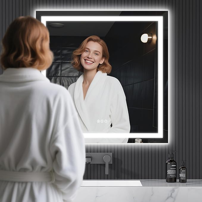 LED Bathroom Mirror with Lights, 36×36Inch Front and Backlit Led Mirror for Bathroom, 3 Colors Dimmable, Defogging, Memory Function, Shatterproof, Tempered Glass, Horizontal/Vertical, UL Listed